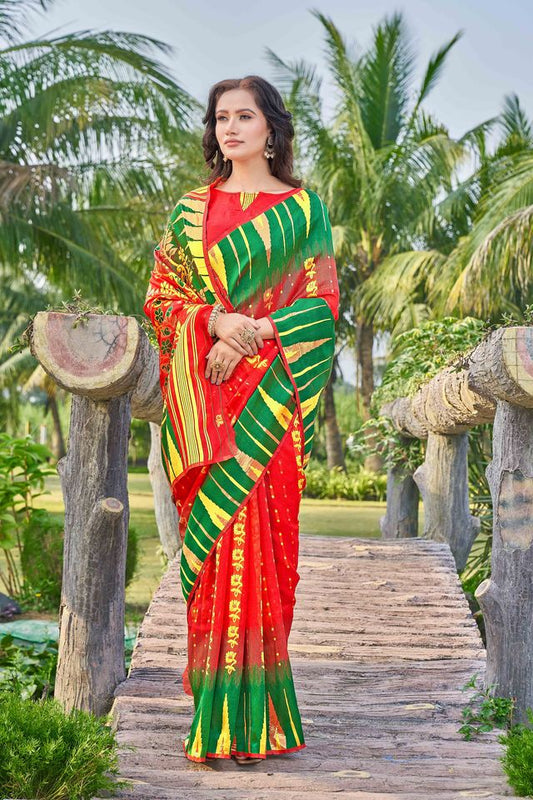 Red Color Silk Cotton Wevon Thread Designer Ethnic Casual Looks Saree