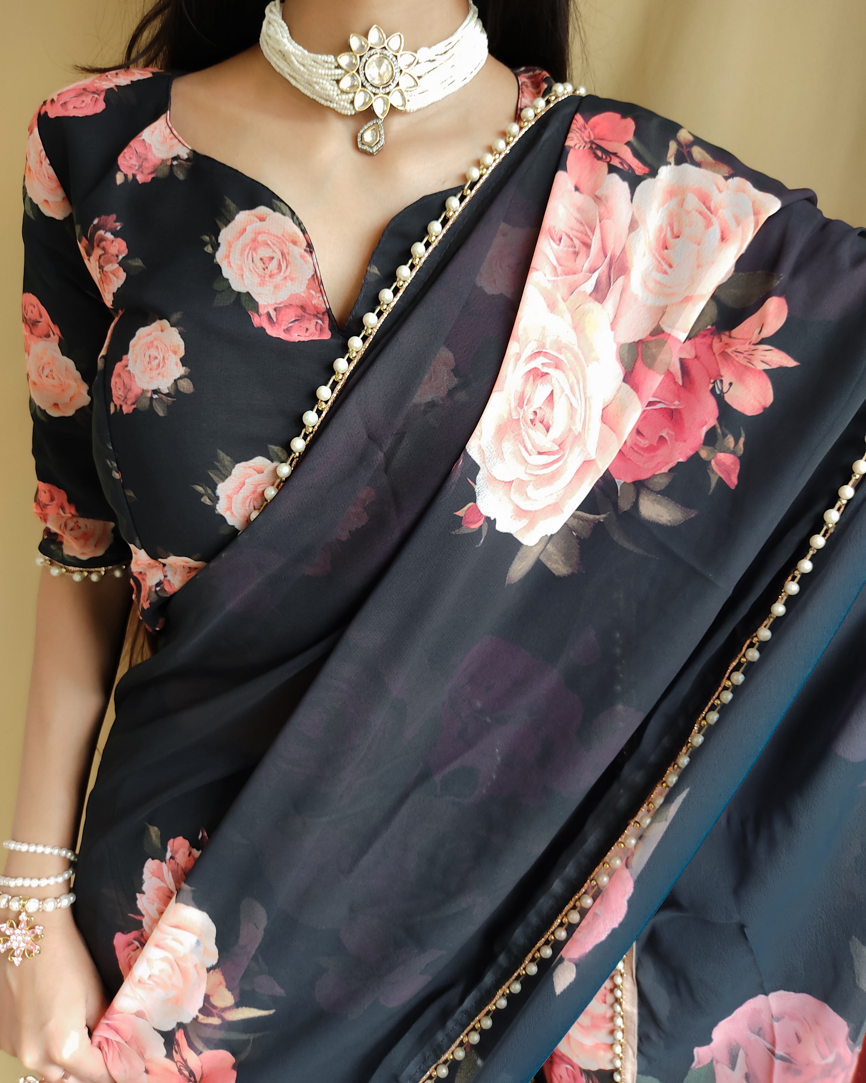 Black Color Georgette Floral Saree