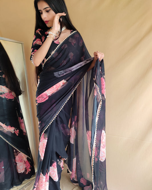 Black Color Georgette Floral Saree