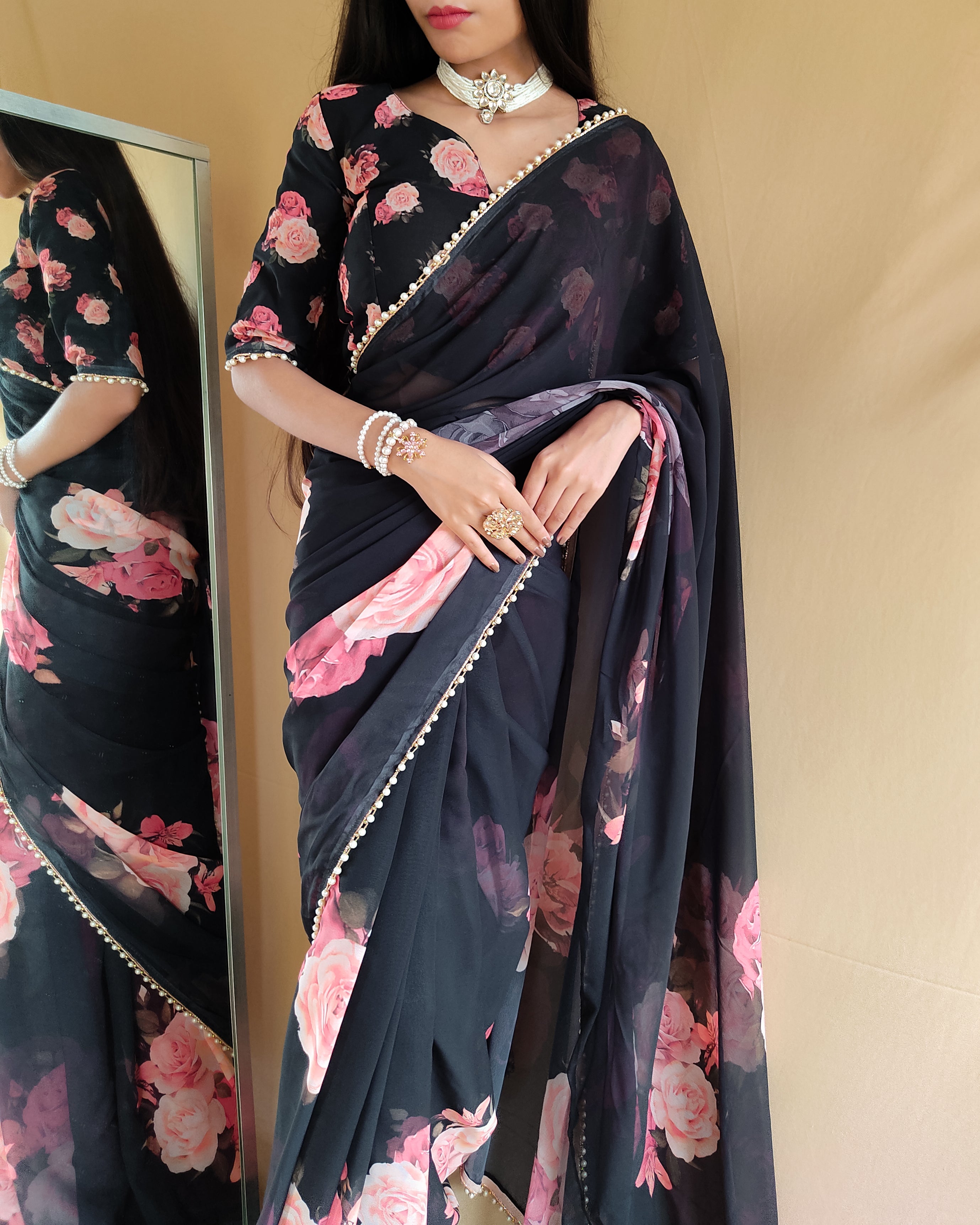 Black Color Georgette Floral Saree