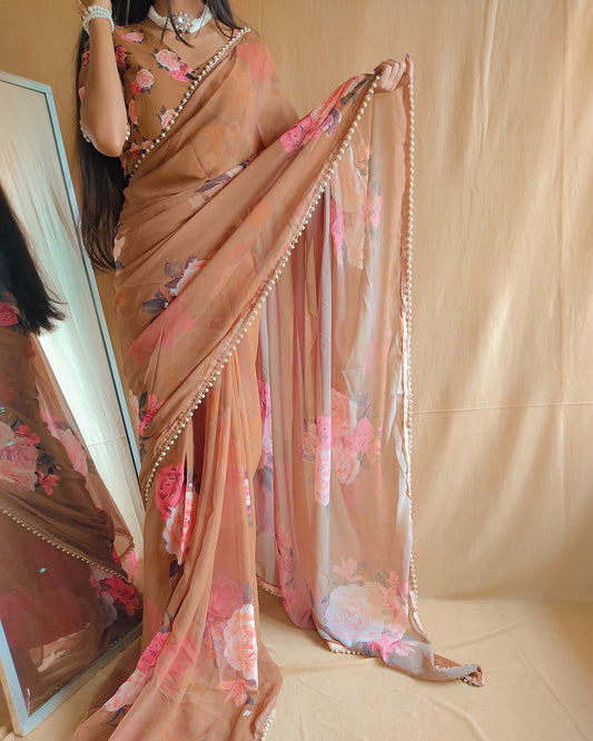 Brown Color Georgette Floral Saree