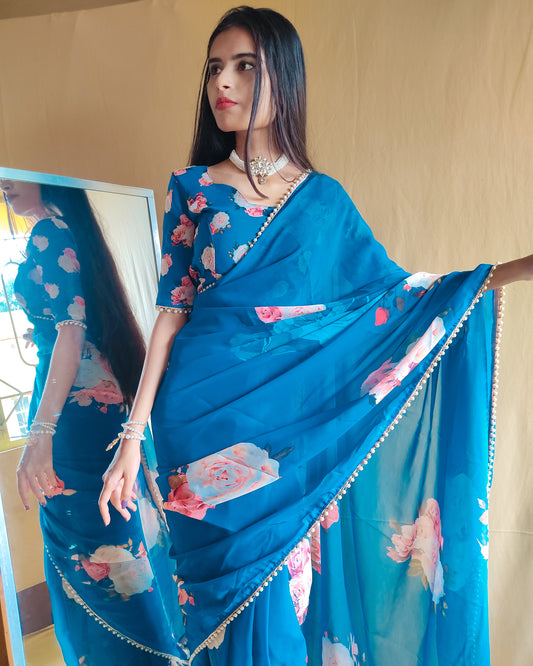 Firozi Color Georgette Floral Saree