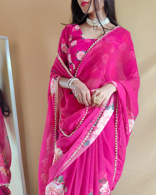 Pink Color Georgette Floral Saree