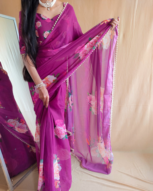 Purple Color Georgette Floral Saree