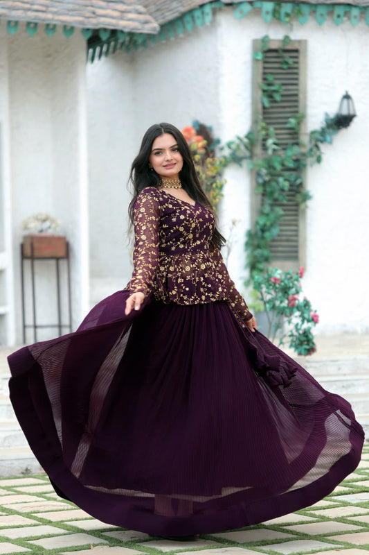 Wine Peplum Lehenga Set