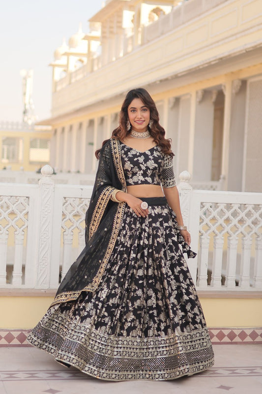 Black Jaquard Floral Lehenga set