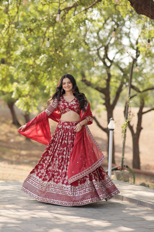 Maroon Jaquard Floral Lehenga set