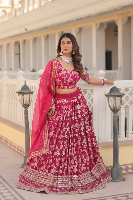 Pink Jaquard Floral Lehenga set