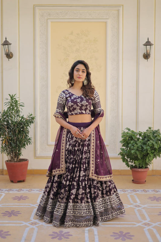 Wine Jaquard Floral Lehenga set