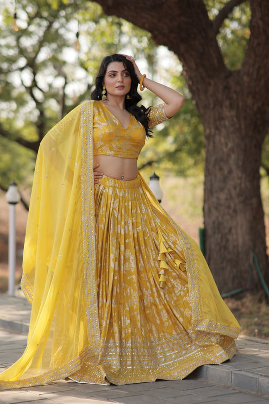 Yellow Jaquard Floral Lehenga set