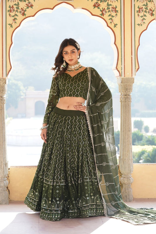 Green Zari Sequin Work Lehenga