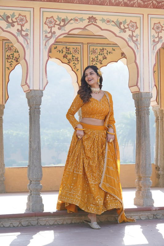 Yellow Zari Sequin Work Lehenga