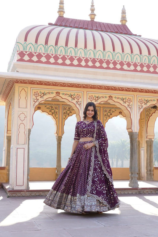 Wine Vine Floral Embroidered Lehenga