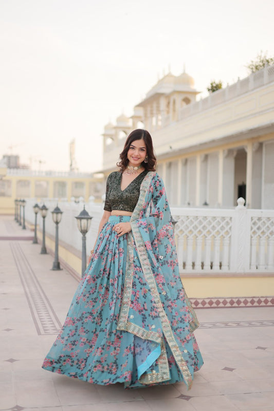 Light Blue Floral Printed Lehenga