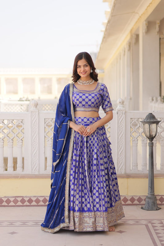 Blue Jaquard Lehenga Set