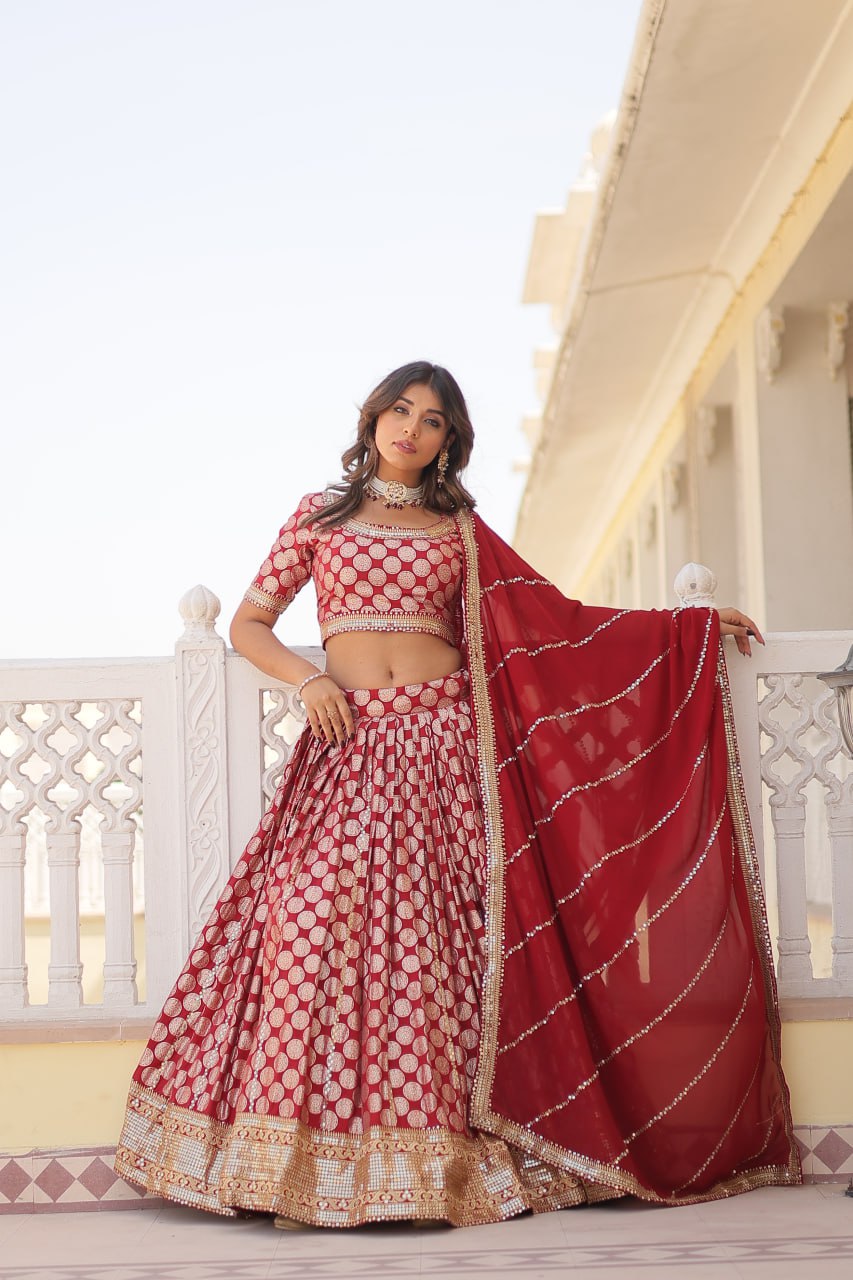 Red Jaquard Lehenga Set
