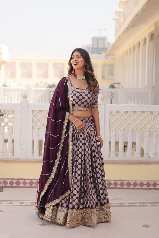 Wine Jaquard Lehenga Set