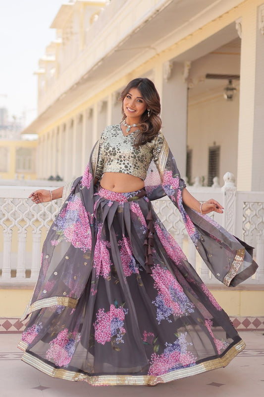 Grey Bunch Floral Lehenga Set