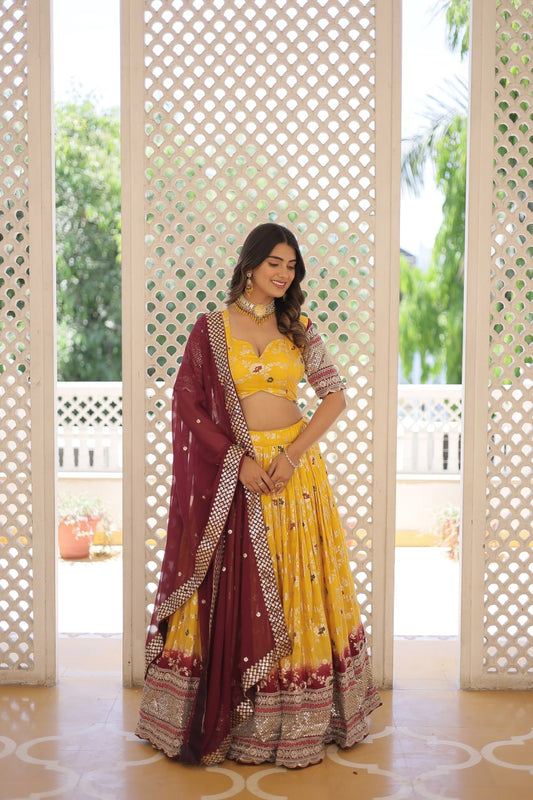 Yellow Jaquard Vine Floral Lehenga set