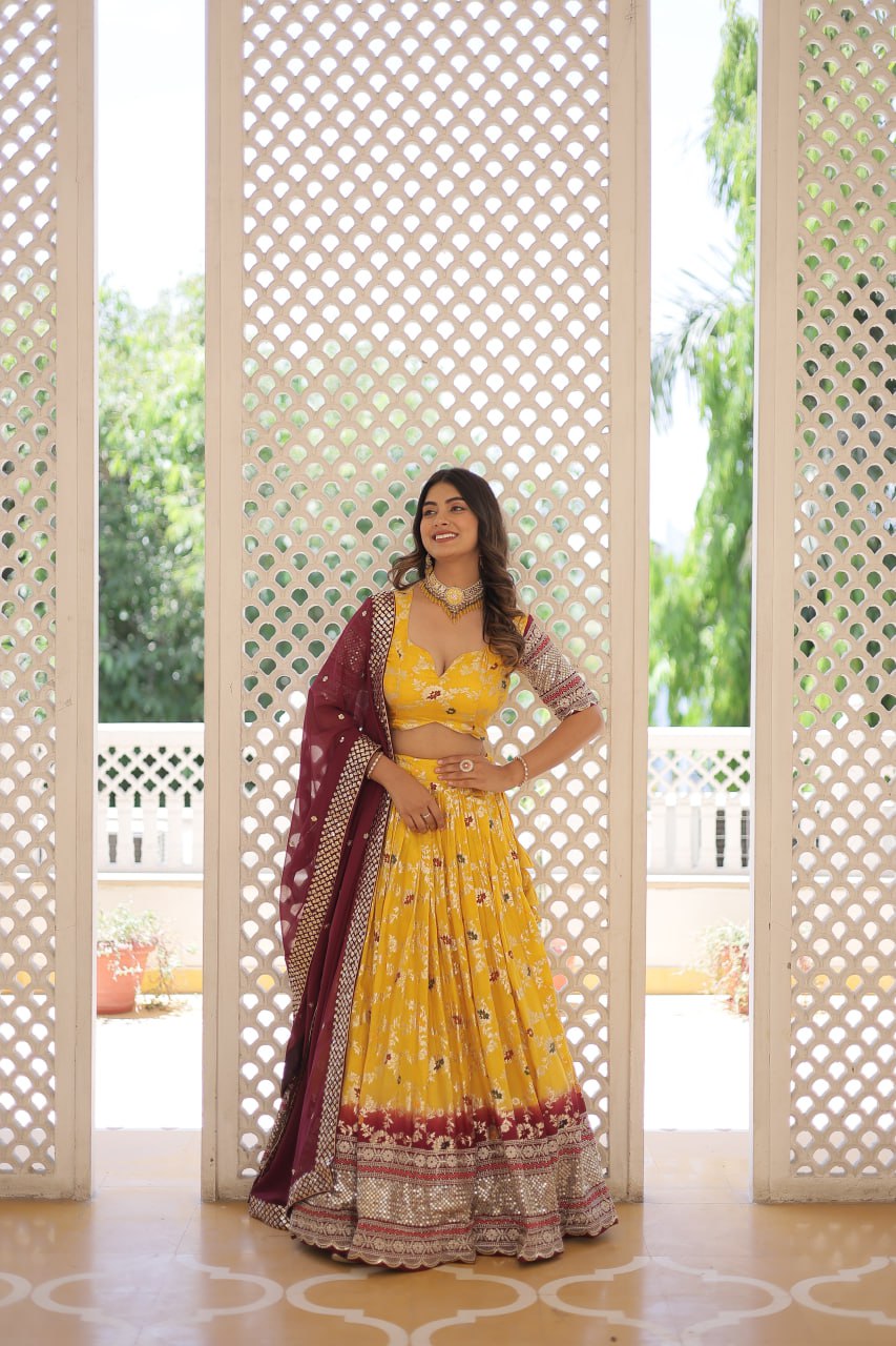 Yellow Jaquard Vine Floral Lehenga set
