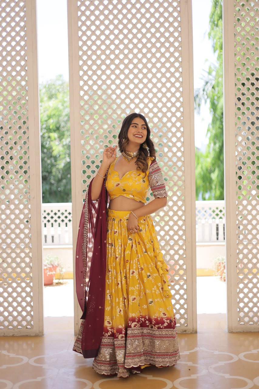 Yellow Jaquard Vine Floral Lehenga set