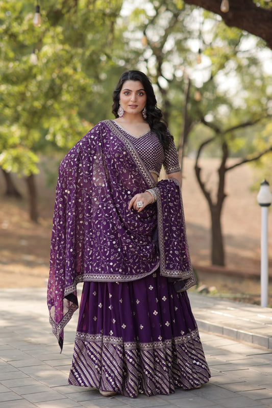 Purple Diagonal Line Border Lehenga Set