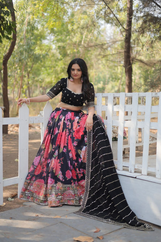 Black Big Floral Border Embroidered Lehenga