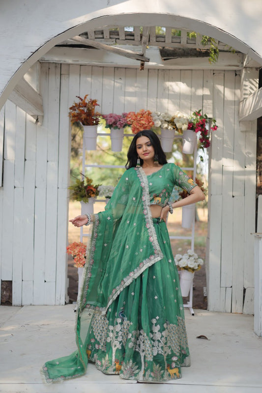 Green Pecock Motif Embroidery Lehenga