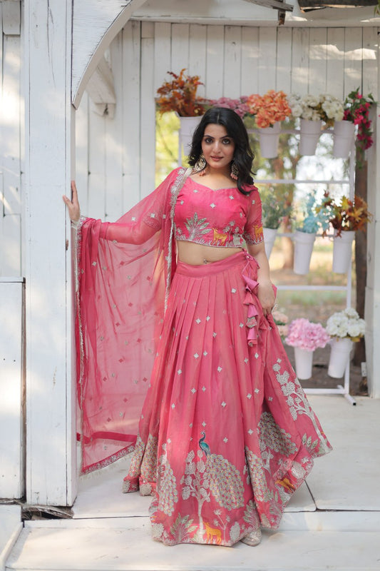 Pink Pecock Motif Embroidery Lehenga