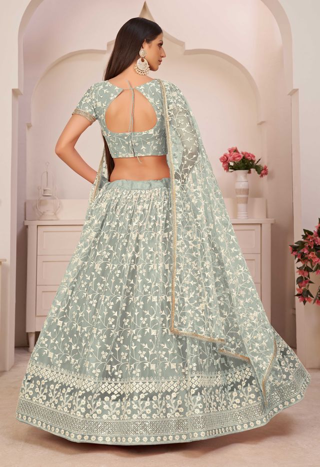 Green embroidered net semi stitched lehenga