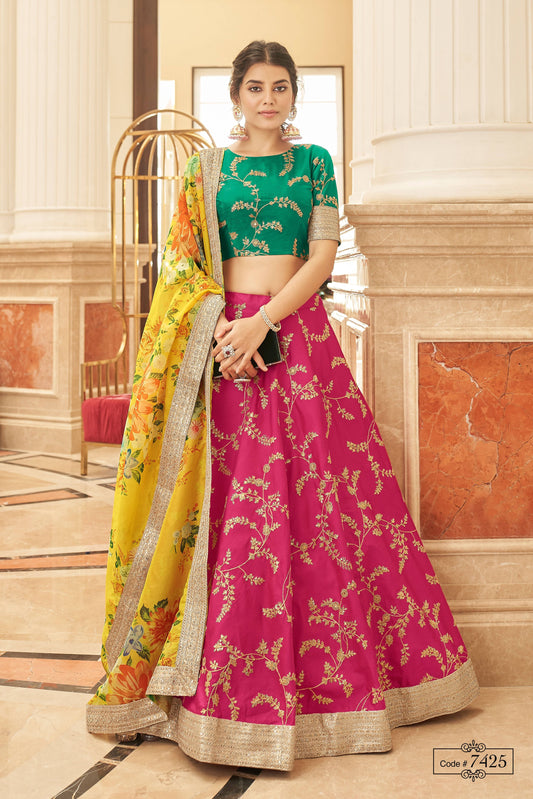 Pink and Yelllow Women's Art Silk Embroidery Lehenga Choli