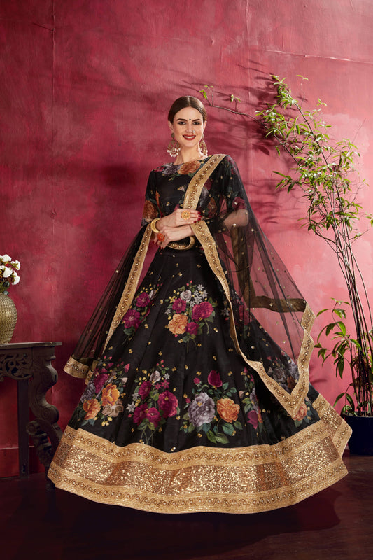 Black Women's Heavy Banglori Silk Embroidery Lehenga Choli