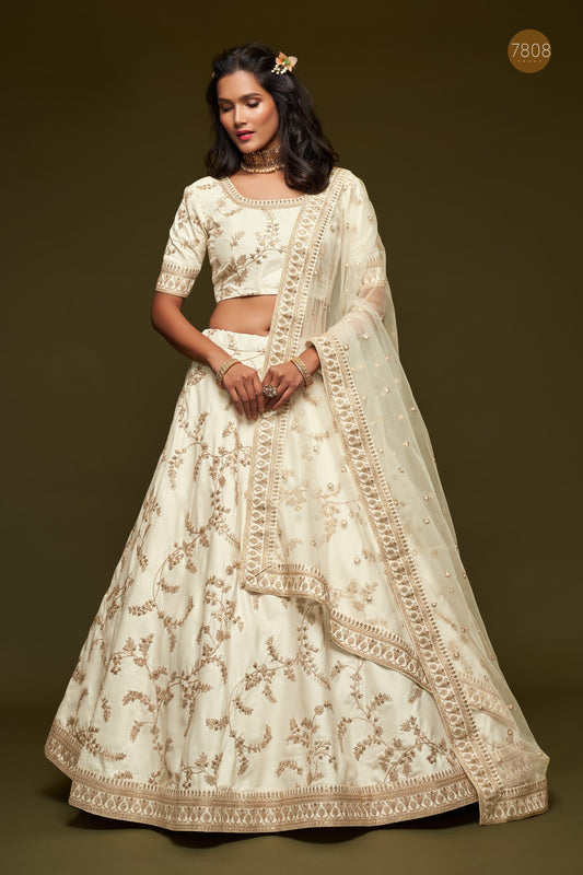 White Women's Art Silk Embroidery Lehenga Choli