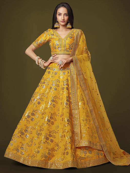 Yellow Women's Slub Silk Embroidery Lehenga Choli