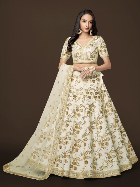 White Women's Slub Silk Embroidery Lehenga Choli