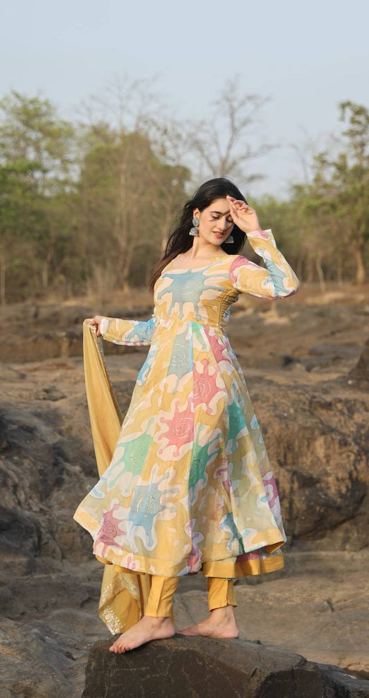 Yellow Abstract Print Anarkali Kurta Set