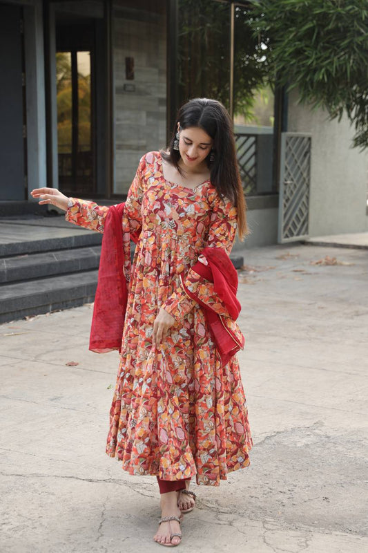 Red Abstract Print Anarkali Kurta Set