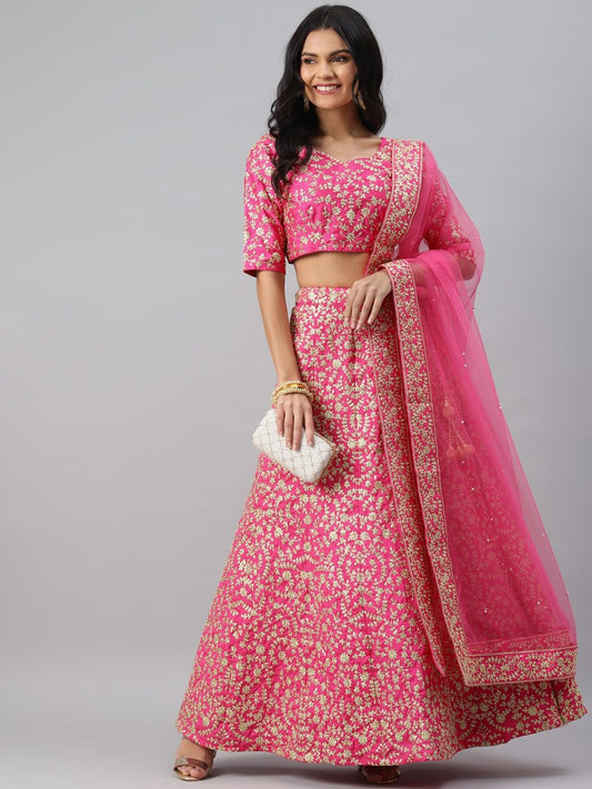 Pink Women's Slub Silk Embroidery Lehenga Choli