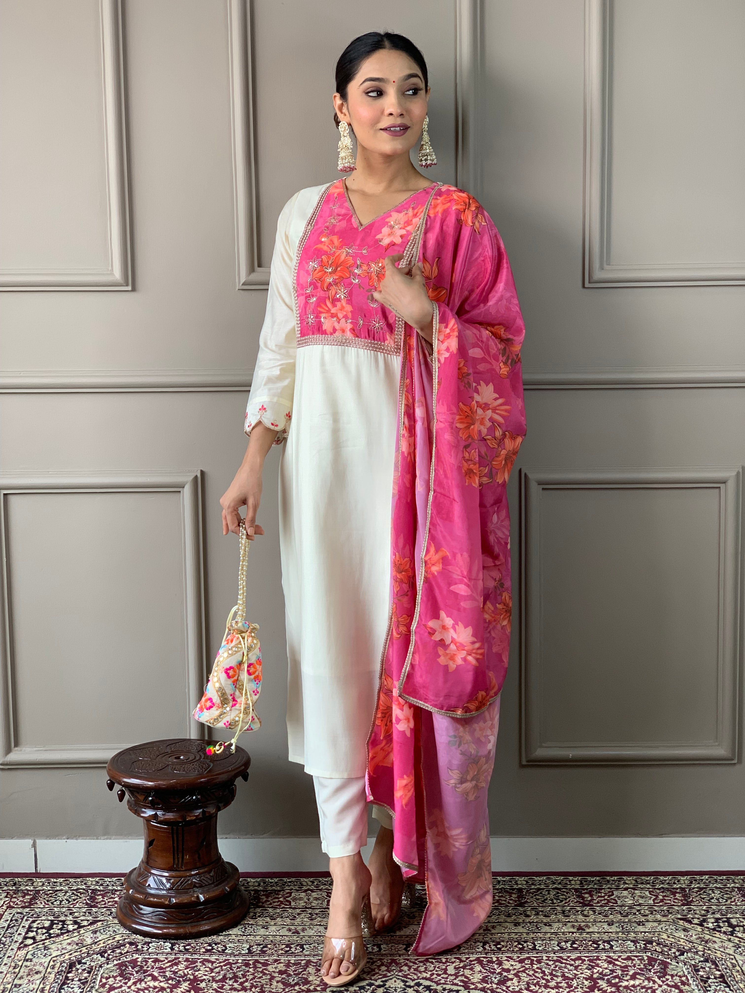 Pink Chanderi Embroidered Kurta Set