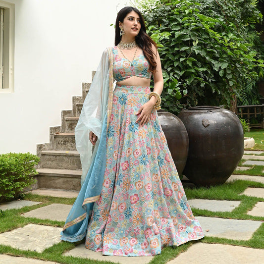 Light Bule Multi Color Floral Embroidery Lehenga