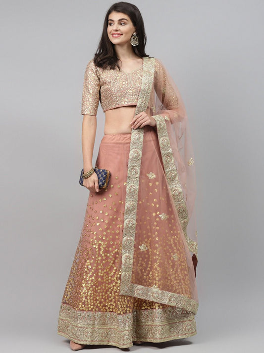 Brown Women's Soft Net Embroidery Lehenga Choli