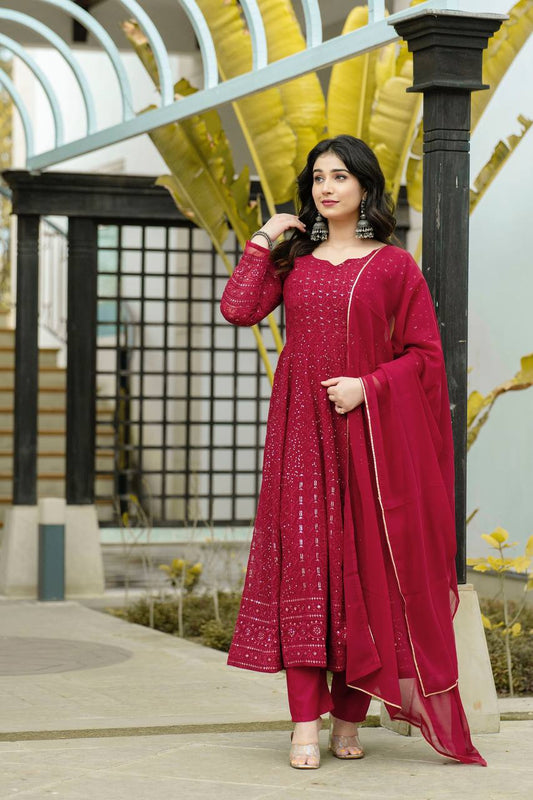 Maroon Chikankari Embroidered Anarkali Kurta Set