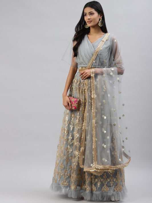 Grey Women's Soft Net Embroidery Lehenga Choli