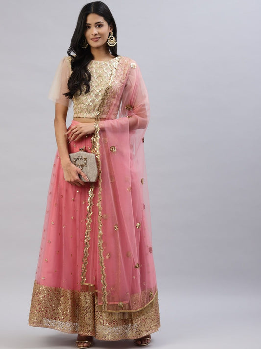 Pink and Beige Women's Soft Net Embroidery Lehenga Choli