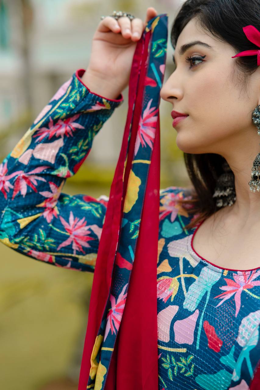 Blue Floral Anarkali Kurta Set