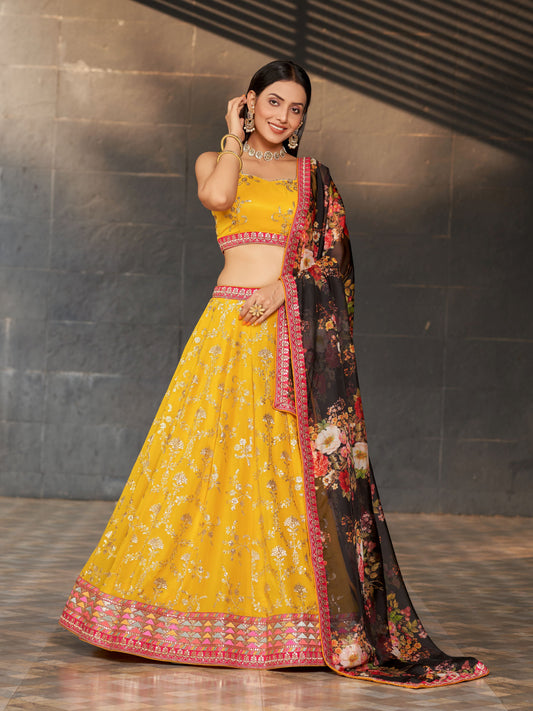 Yellow and Black Women's Georgette Embroidery Lehenga Choli