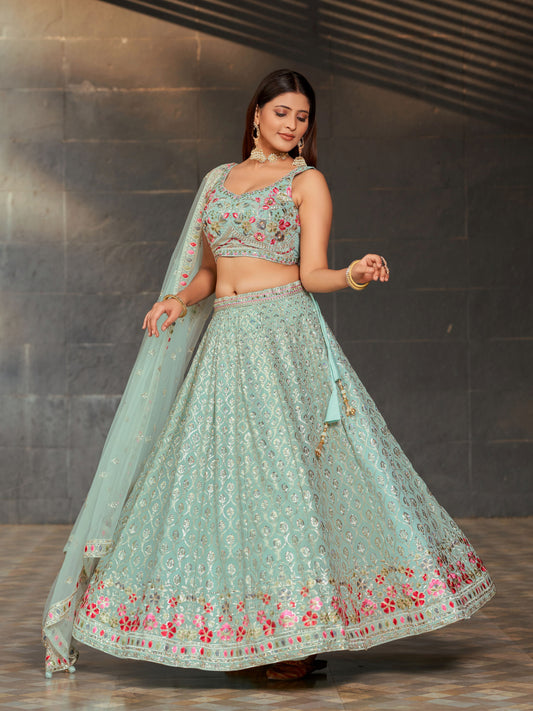 Sky Blue Women's Georgette Embroidery Lehenga Choli