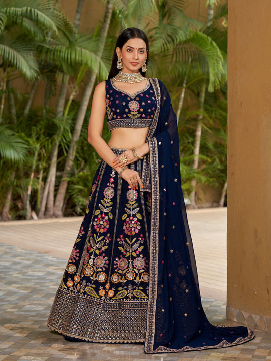 Navy Blue Women's Georgette Embroidery Lehenga Choli