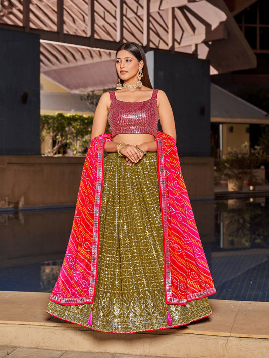 Olive Pink Women's Georgette Embroidery Lehenga Choli