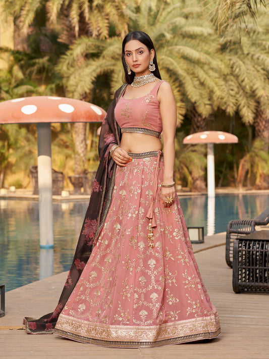 Pink and Brown Women's Georgette Embroidery Lehenga Choli